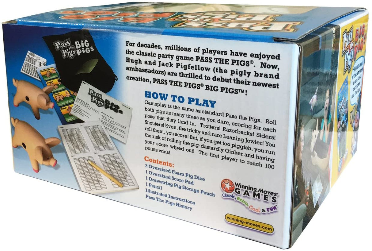 Jumbo Pass the Pigs game box showing contents including oversized foam pig dice, score pad, pouch, and instructions.