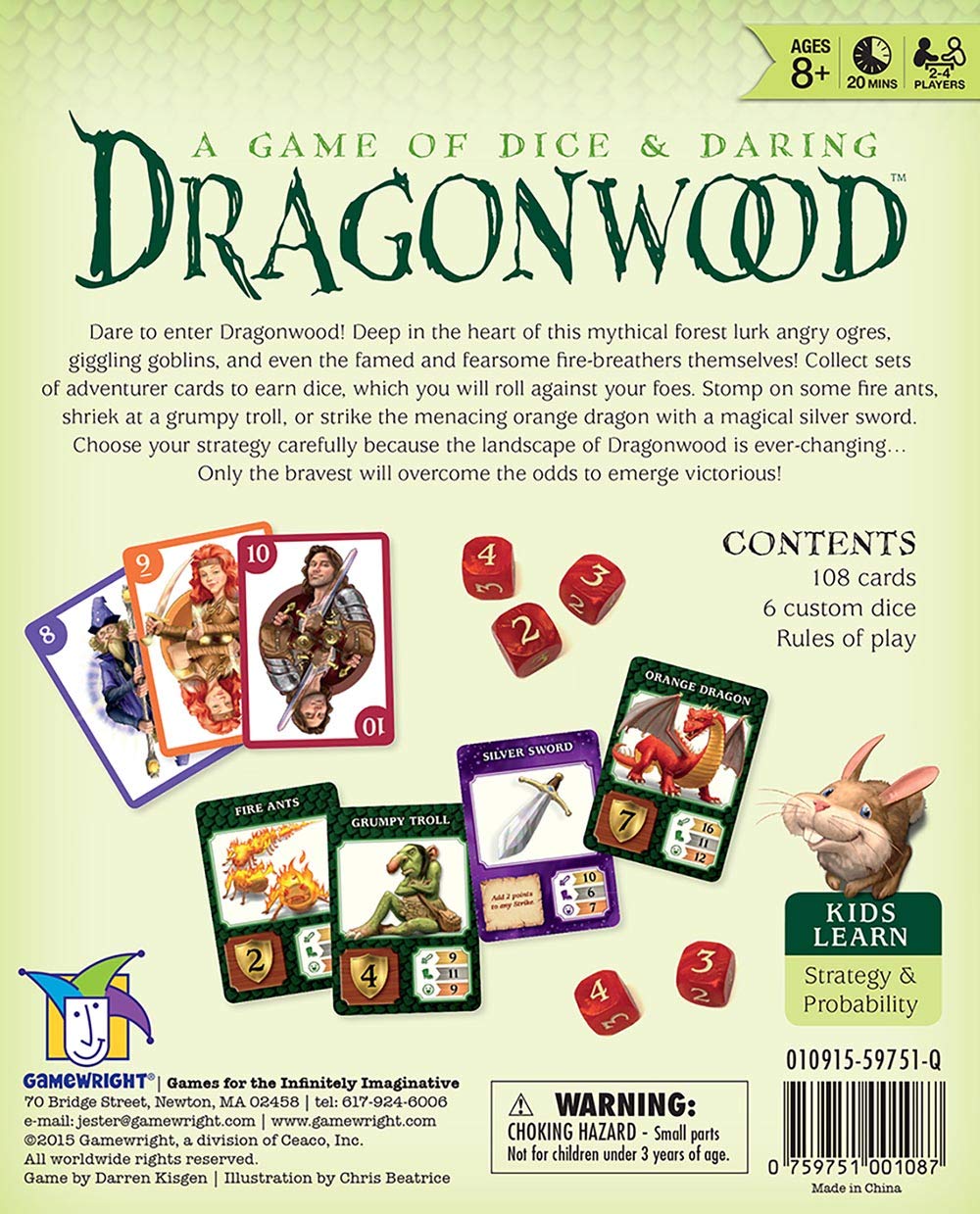 Dragonwood game box showing cards, custom dice, and fantasy-themed artwork for 2-4 players aged 8 and up.