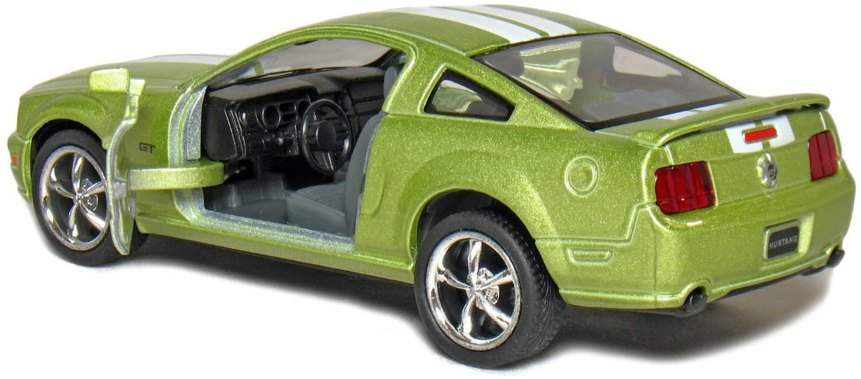 2006 Ford Mustang GT diecast model car in light green with openable door and detailed interior, 1:38 scale pullback action.
