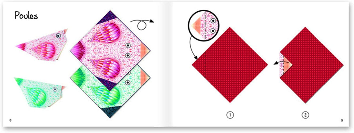 Origami Polar Animals instruction booklet showing step-by-step folding of colorful origami shapes for children and adults.