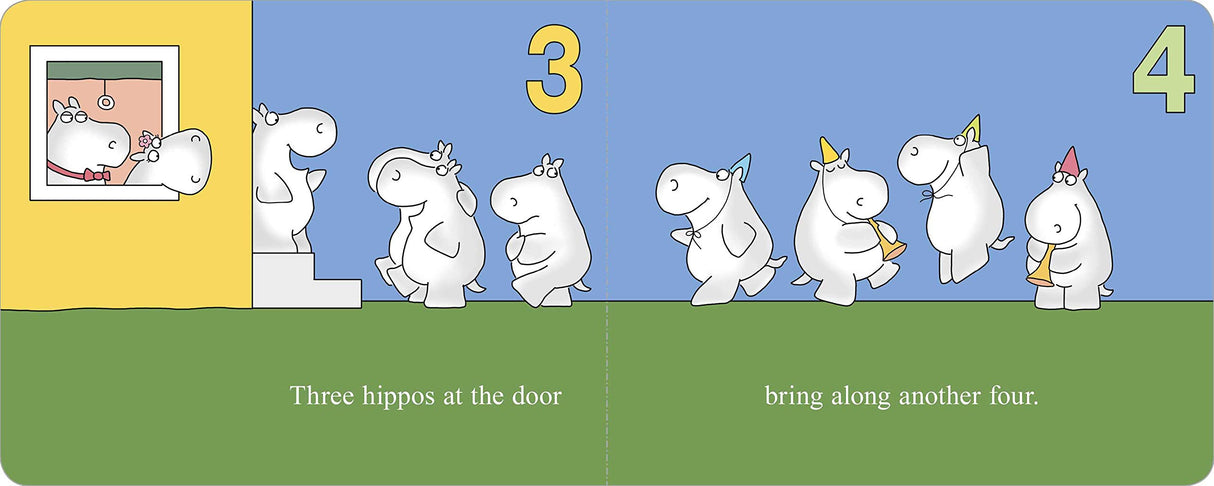 Page from Hippos Go Beserk! board book showing hippos counting from three to four at a door in a playful scene.