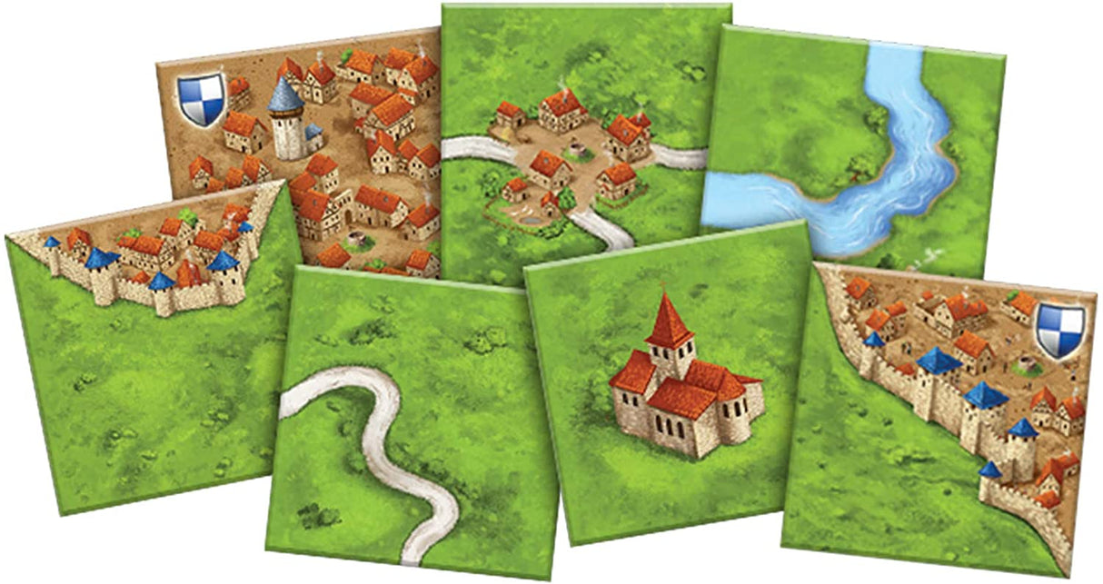 Carcassonne game tiles featuring cities, roads, monasteries, and fields for medieval fortress gameplay.