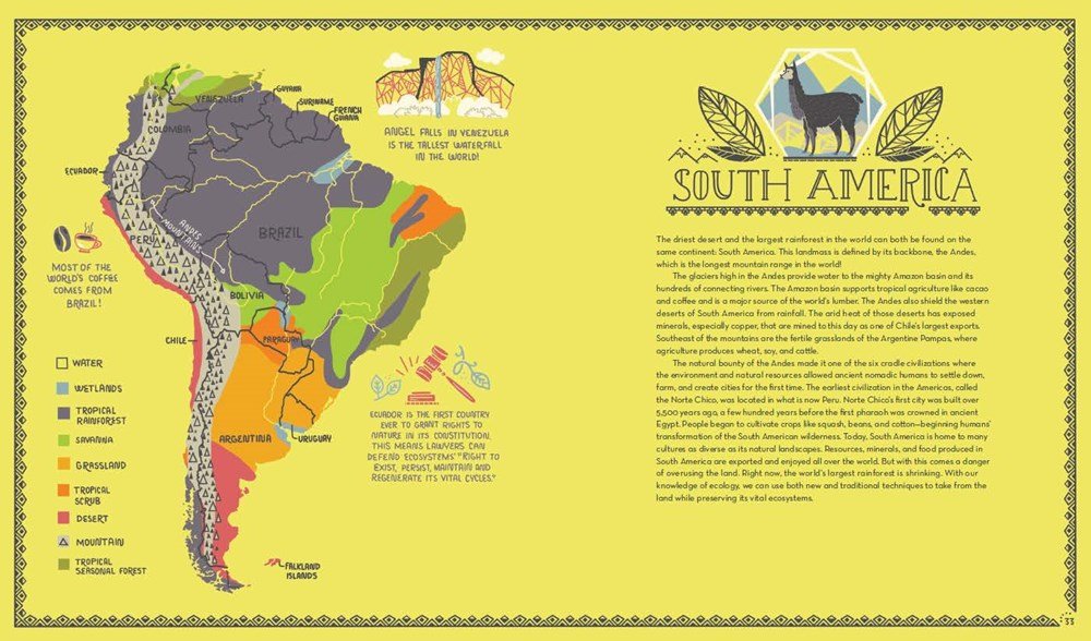 Illustration from The Wonderous Workings of Planet Earth showing South America’s ecosystems, wildlife, and geography map.