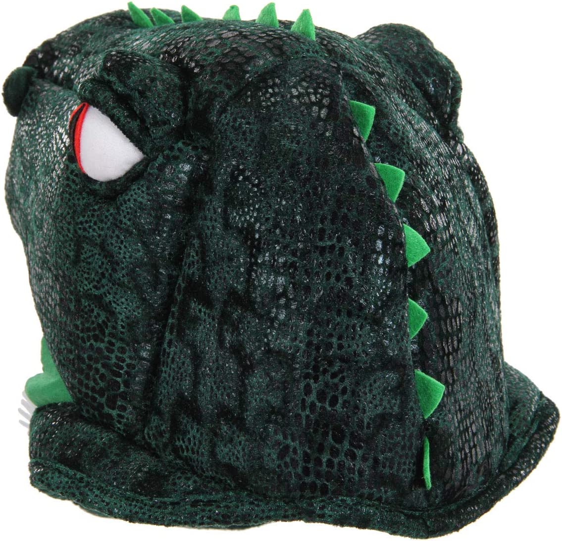 T-Rex Hat designed like a dinosaur head with green spikes and textured fabric, adjustable for kids and adults.
