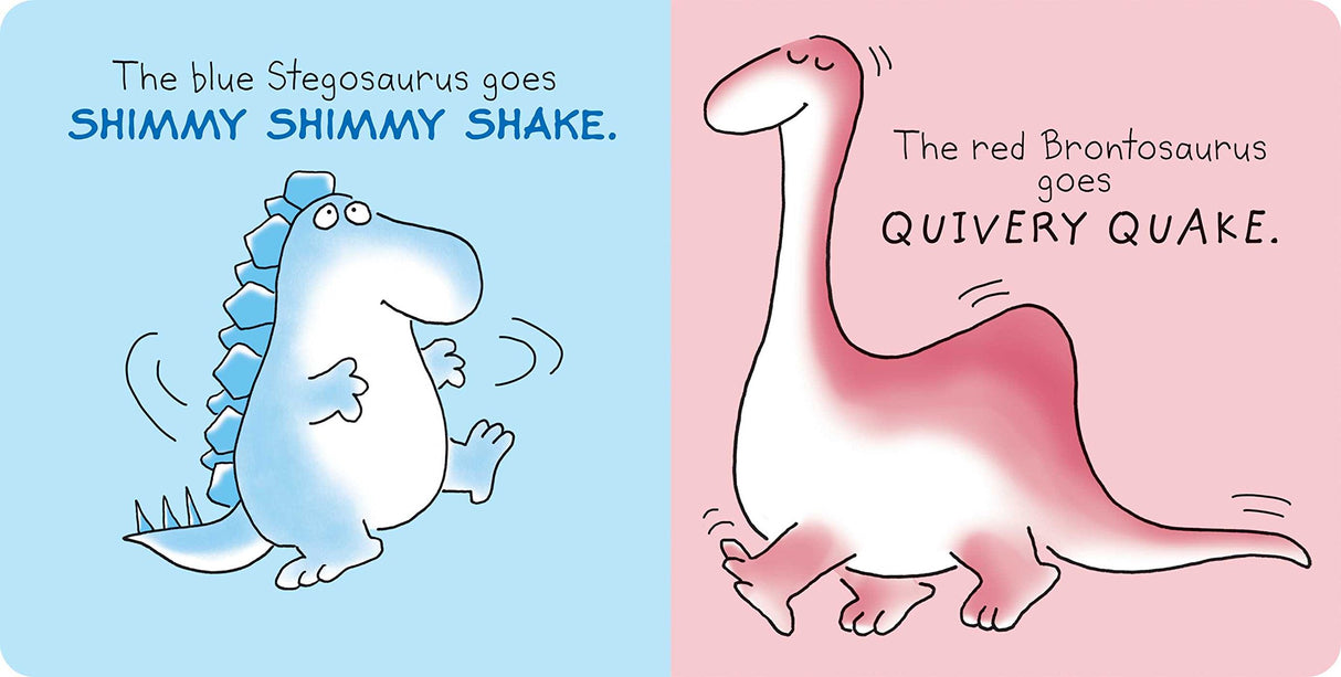 Dinosaur Dance! showing a blue Stegosaurus doing Shimmy Shimmy Shake and a red Brontosaurus doing Quivery Quake.