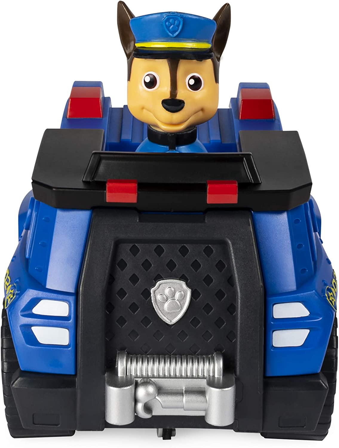 RC Paw Patrol Chase Police Cruiser with Chase figure in driver seat and detailed blue police vehicle front view.