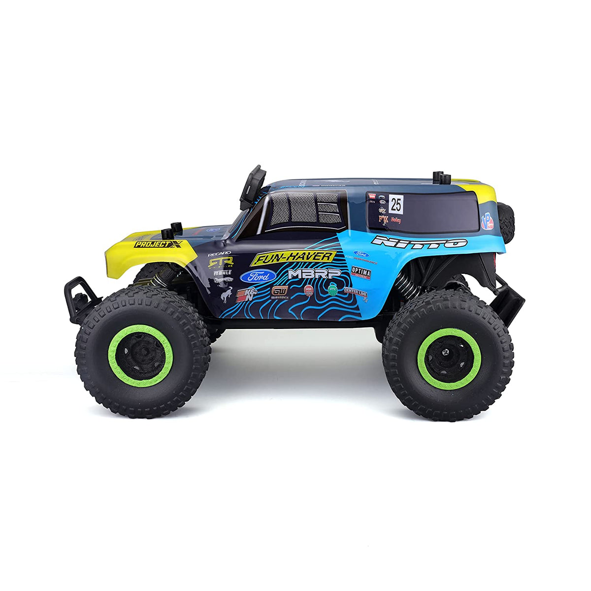 RC Ford Bronco Brocky off-road RC car in blue and yellow with green-rimmed tires and detailed racing decals.