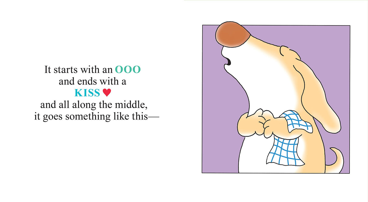Snuggle Puppy page with a cute dog holding a blanket and text about starting with OOO and ending with a kiss.