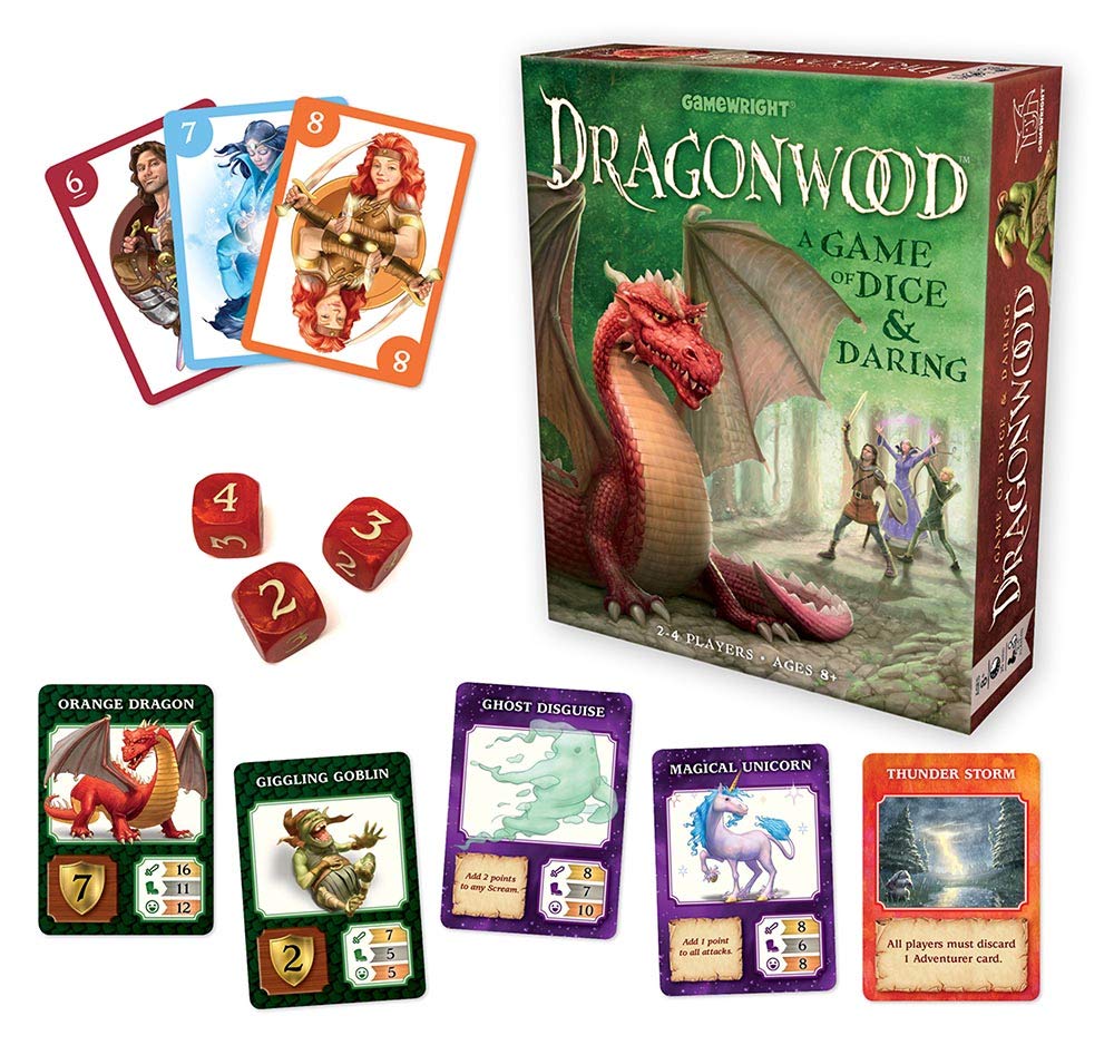 Dragonwood board game with illustrated cards and custom dice featuring fantasy creatures and characters in a mythical forest.