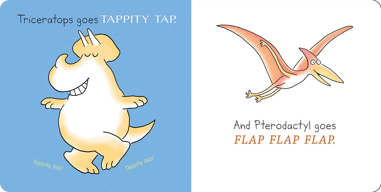 Dinosaur Dance! showing a happy Triceratops tapping and a Pterodactyl flapping wings in a colorful children’s board book.