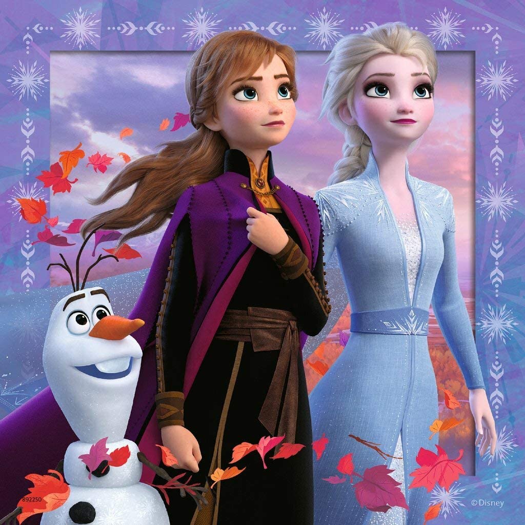 49pc Frozen Journey Puzzles featuring characters Anna, Elsa, and Olaf in a vibrant autumn scene from Frozen.