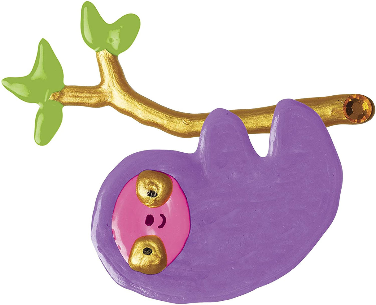 Paint & Peel Jelly Stickers purple sloth hanging from gold branch with green leaves and rhinestone detail.