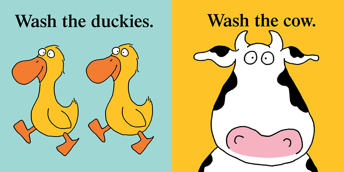 Barnyard Bath shows cartoon ducks and a cow with playful text for a fun, waterproof bath book by Sandra Boynton.