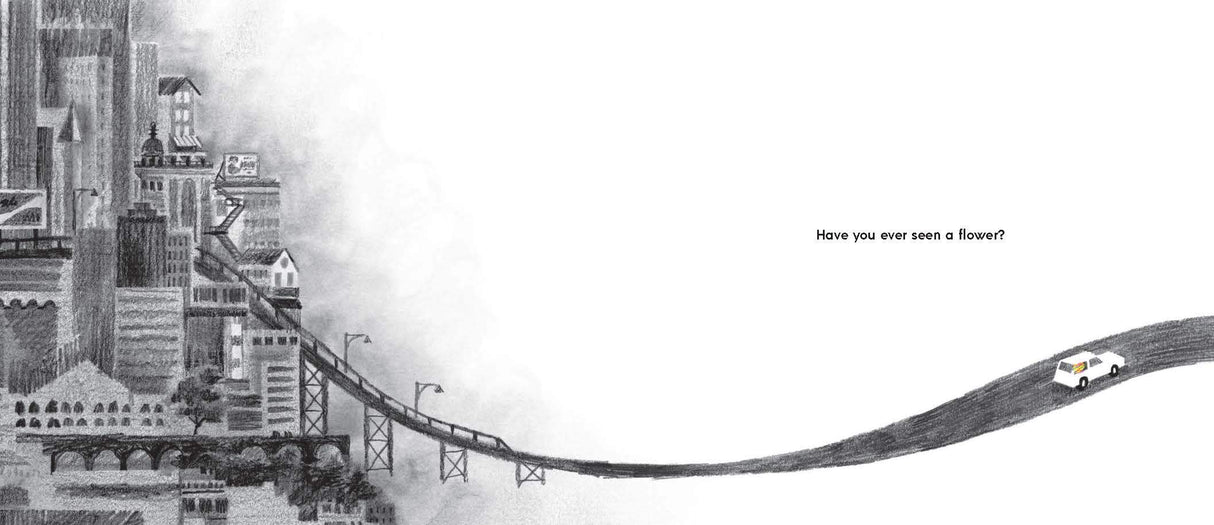 Have You Ever Seen a Flower? book cover with grayscale cityscape and a small car on a winding road.