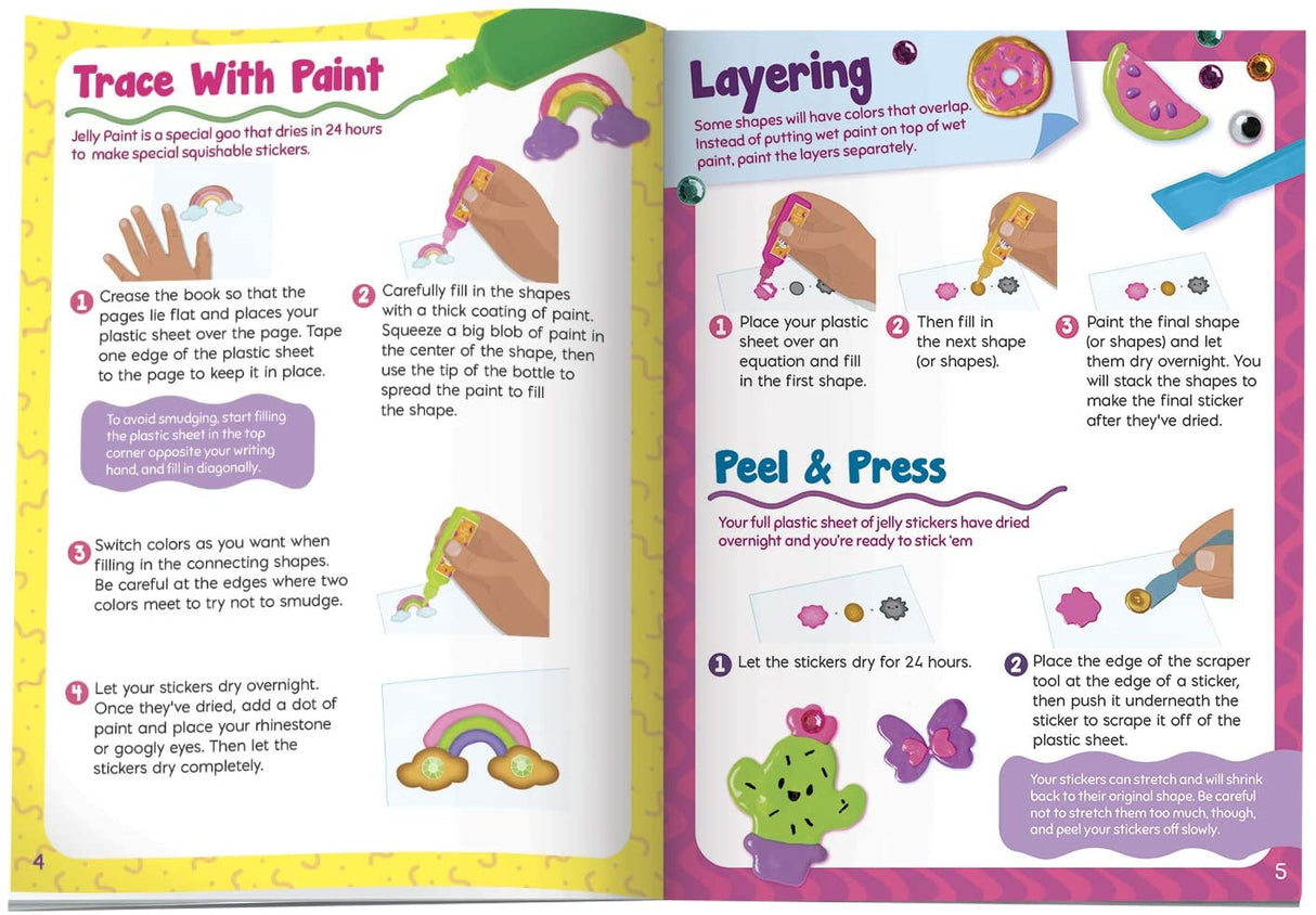 Open Paint & Peel Jelly Stickers kit instructions showing steps to trace, layer, peel, and press reusable stickers.