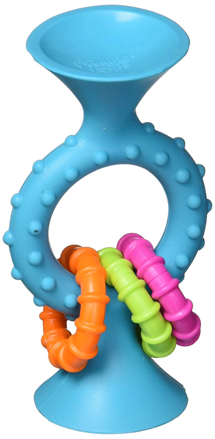 pipSquigz Teal Loop baby toy with textured silicone loop, colorful rings, and suction cups for sensory and teething play.