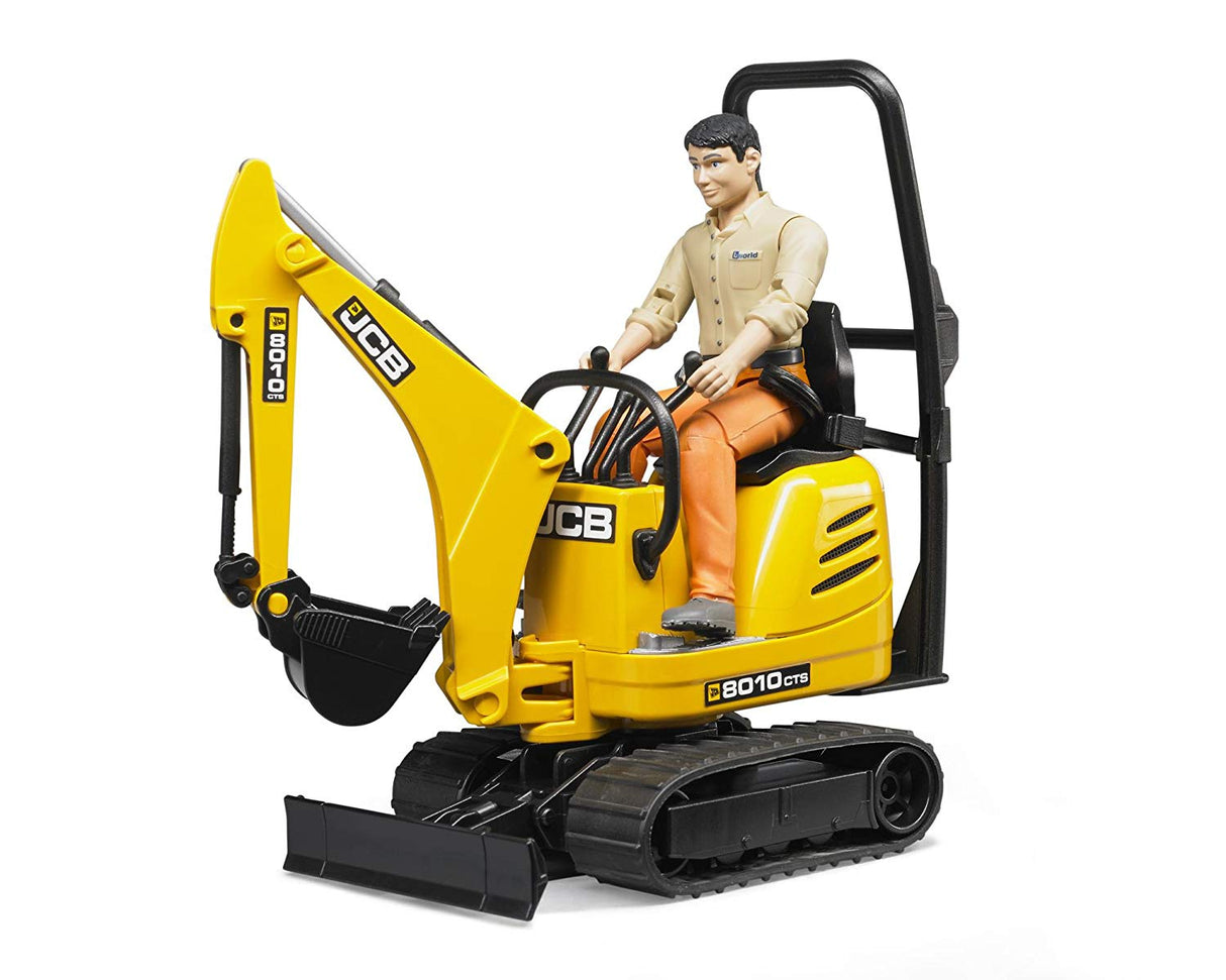 JCB Micro Excavator 8010 CTS toy with rotating arm, crawler tracks, plough blade, and seated figure for realistic play.