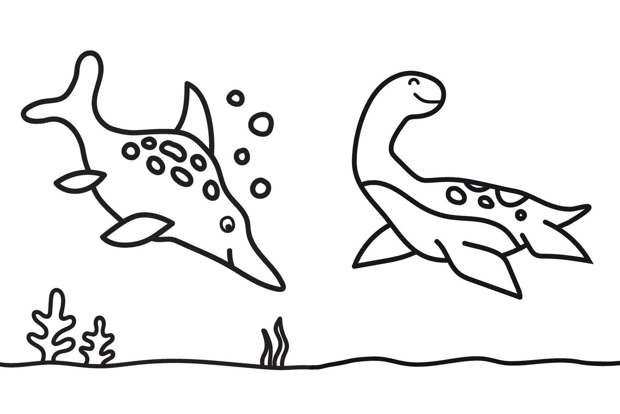 Black and white dinosaur sea creatures illustration from Big Book of Dinosaurs Coloring Book for kids' creative fun.