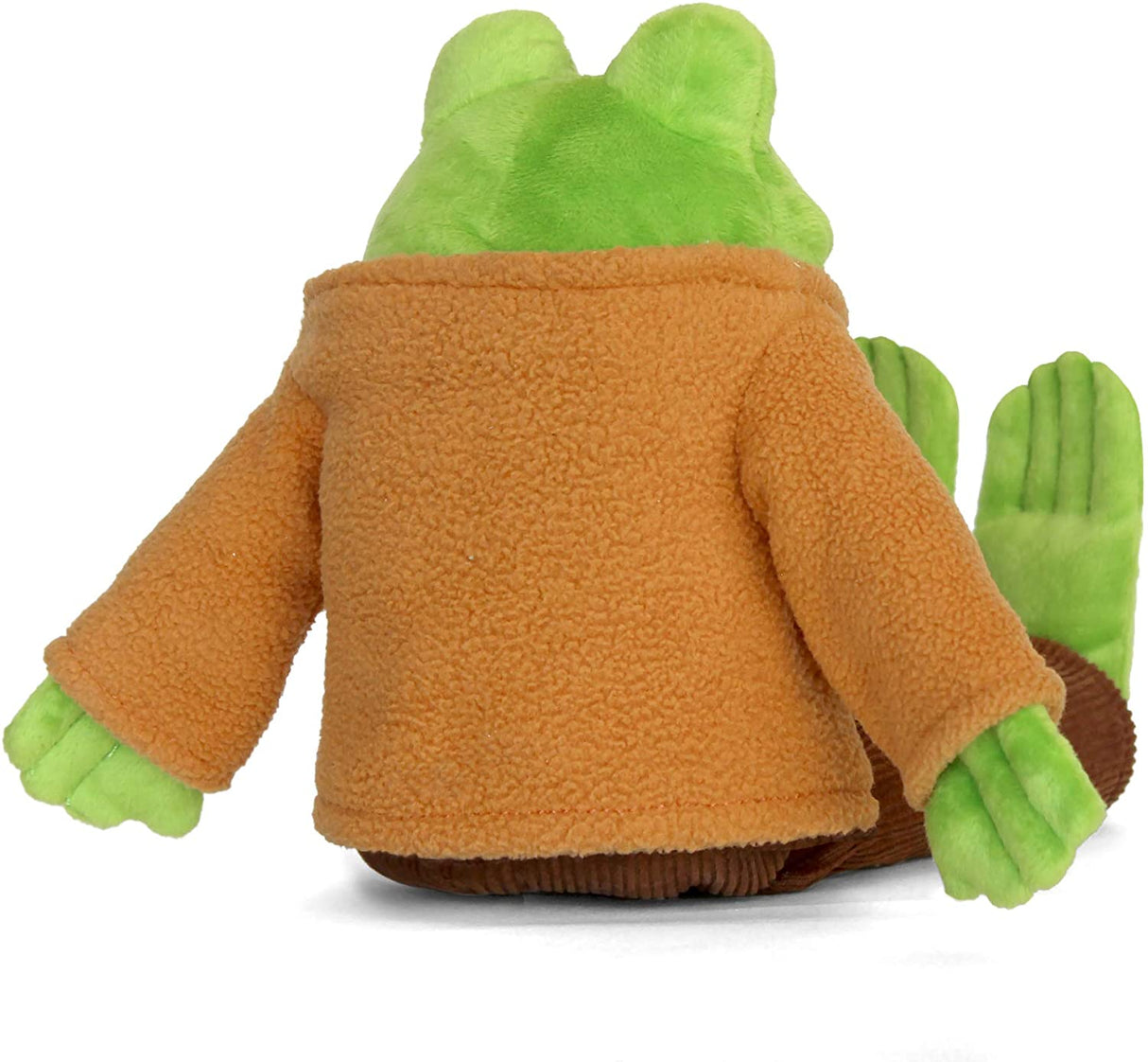 Frog plush toy wearing a camel coat, seated with bright green soft body, perfect for cuddling and gift-giving.
