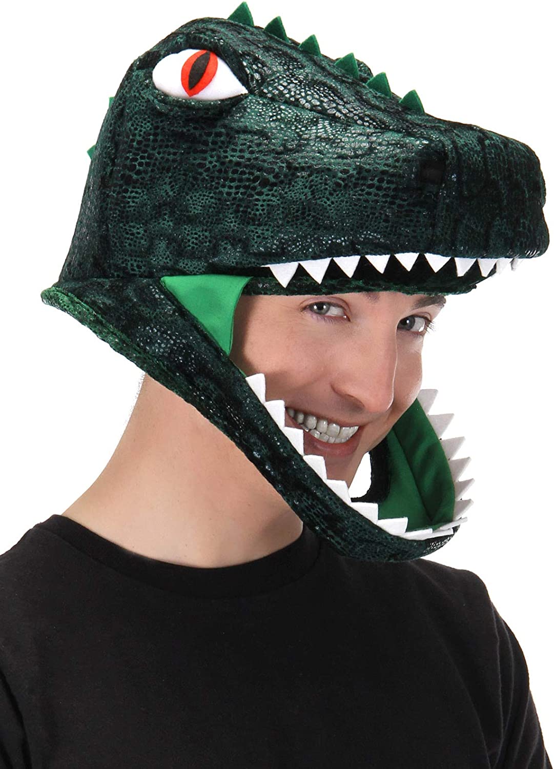 Man wearing the T-Rex Hat with textured green dinosaur head and open jaws revealing smile inside.