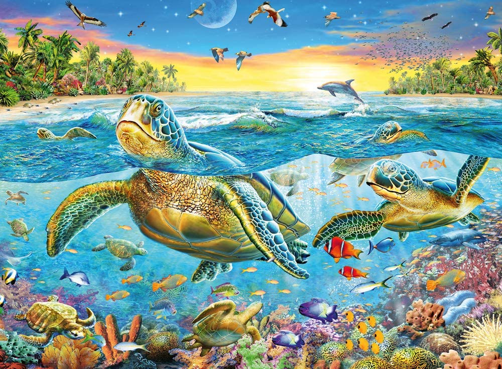 100pc Swim with Sea Turtles Puzzle featuring colorful sea turtles swimming underwater near a coral reef at sunset.