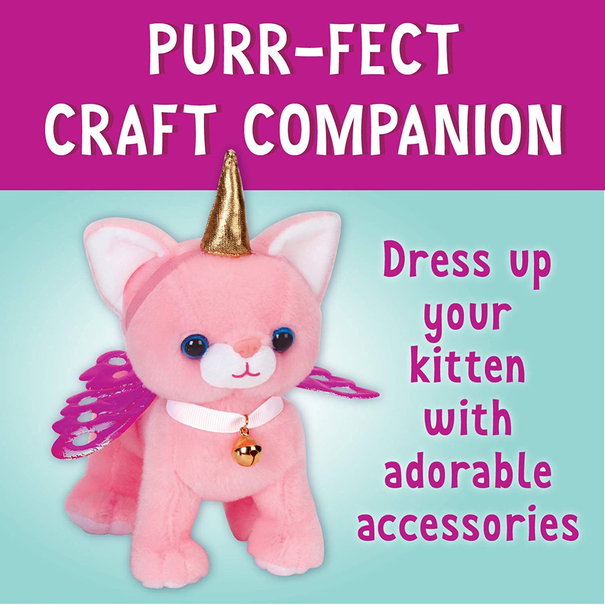 Cuddly Kitten plush toy with unicorn horn, butterfly wings, and bell collar for creative dress-up fun.