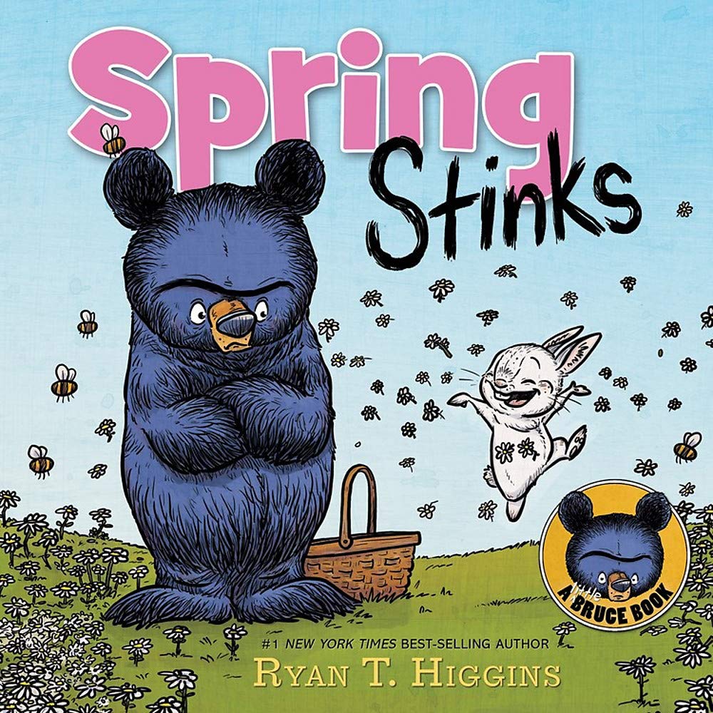 Spring Stinks book cover showing Bruce the bear and Ruth the bunny surrounded by bees and flowers.