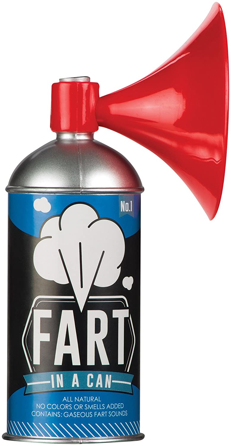 Fart in a Can prank toy with red horn and canister for six different classic odorless fart sounds.