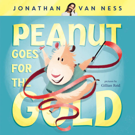 Cover of Peanut Goes for Gold showing a joyful guinea pig performing rhythmic gymnastics with a red ribbon.