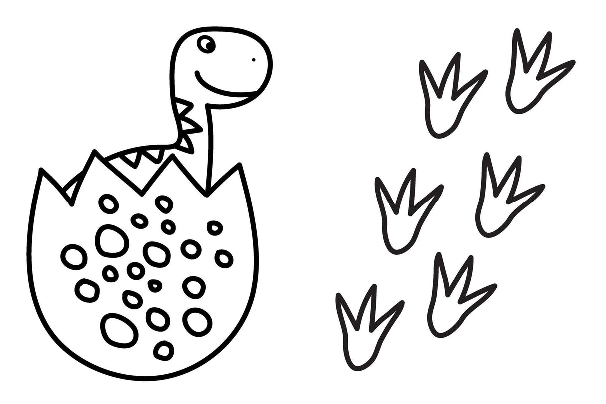 Big Book of Dinosaurs Coloring Book featuring a cute dinosaur hatching from egg with footprints to color.