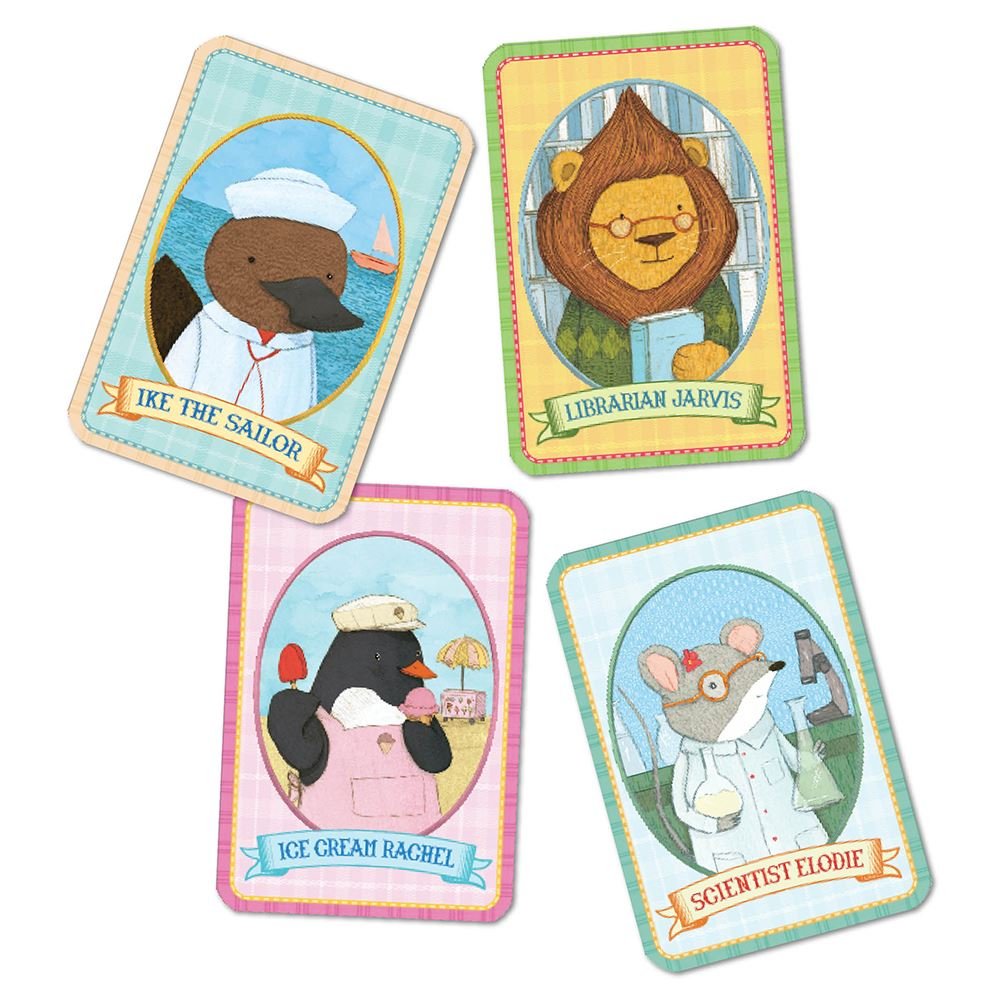 Animal Village Old Maid card game featuring cute animal characters with various occupations on colorful illustrated cards.
