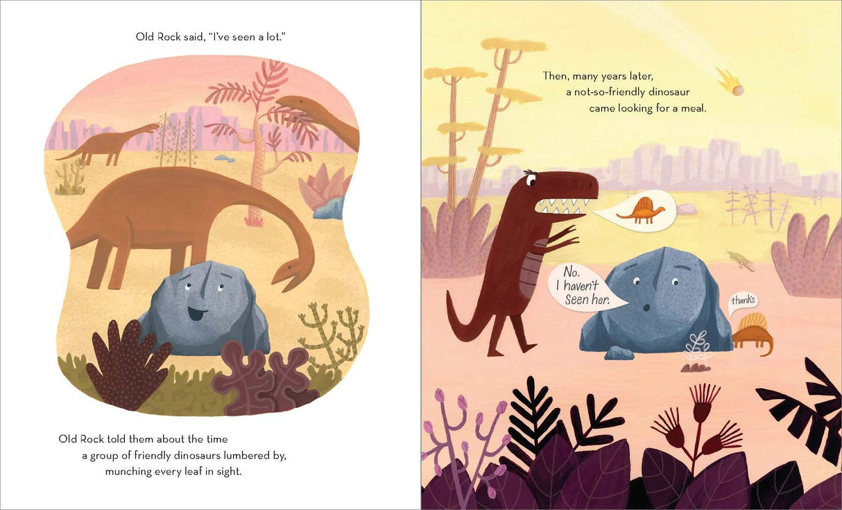Open book pages from "Old Rock is Not Boring" showing a friendly old rock with dinosaurs sharing stories in a colorful prehistoric landscape.