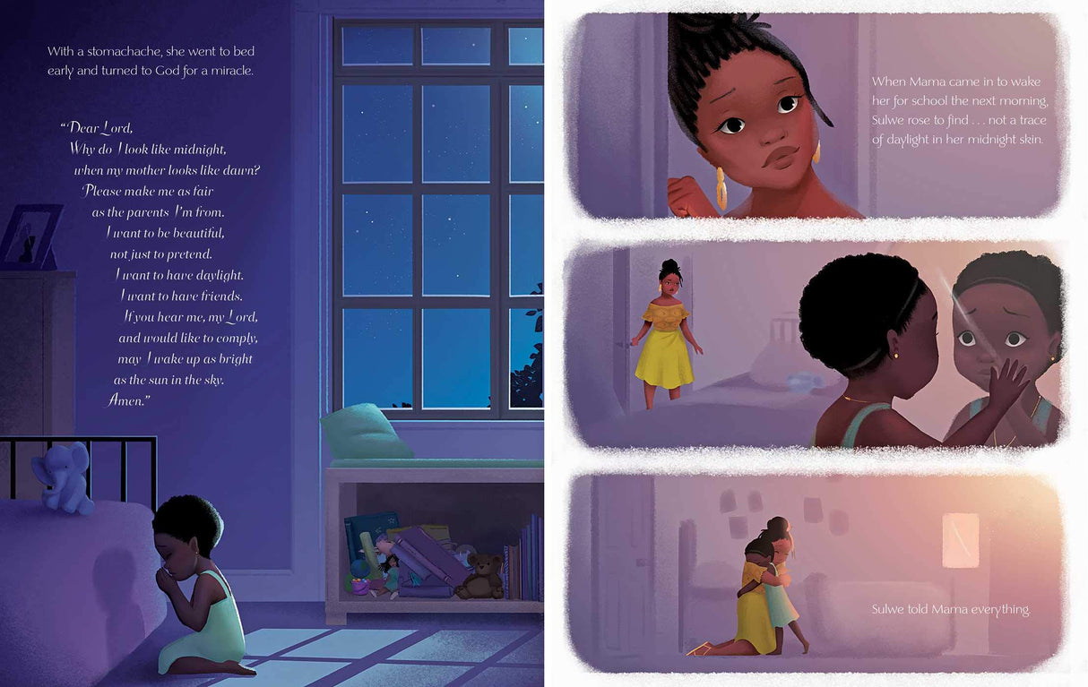 Sulwe picture book scene showing a young girl praying at night, reflecting themes of self-esteem and inner beauty.