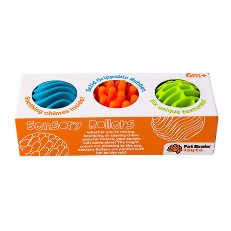 Sensory Rollers set of 3 silicone spheres with unique textures and soothing chimes for sensory play and motor skills development.