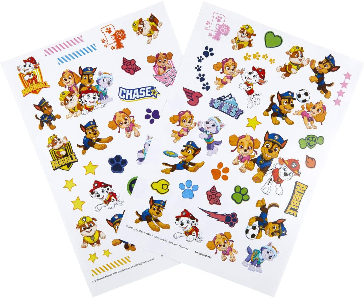 Paw Patrol Coloring Book with Stickers featuring two sheets of colorful character and paw print stickers for kids ages 3 and up.