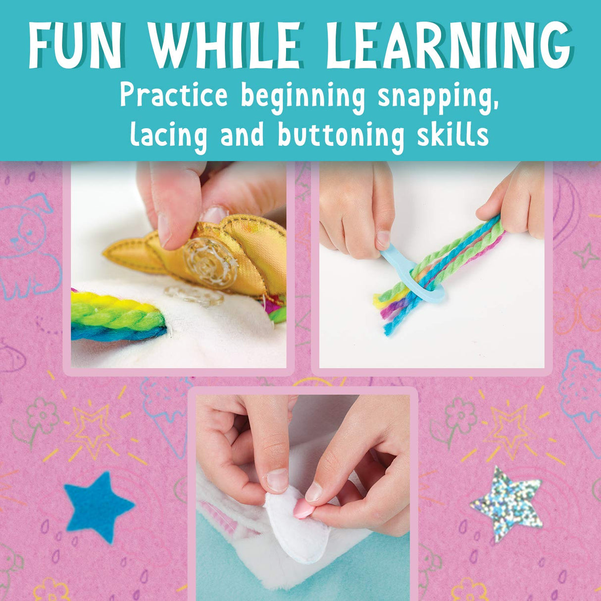 Unicorn Purse Kit showing kids practicing snapping, lacing, and buttoning skills on craft materials.