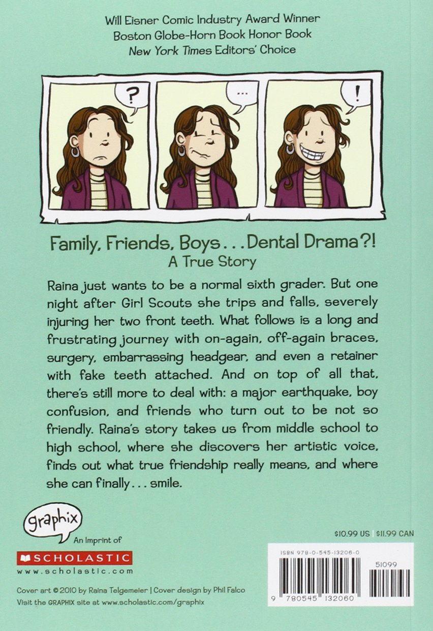 Back cover of Smile showing comic panels of a girl with changing expressions and a story description about her dental struggles.