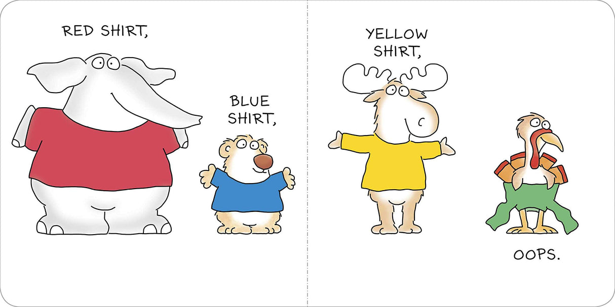 Blue Hat Green Hat shows three animals in colorful shirts and one turkey learning colors and clothes.