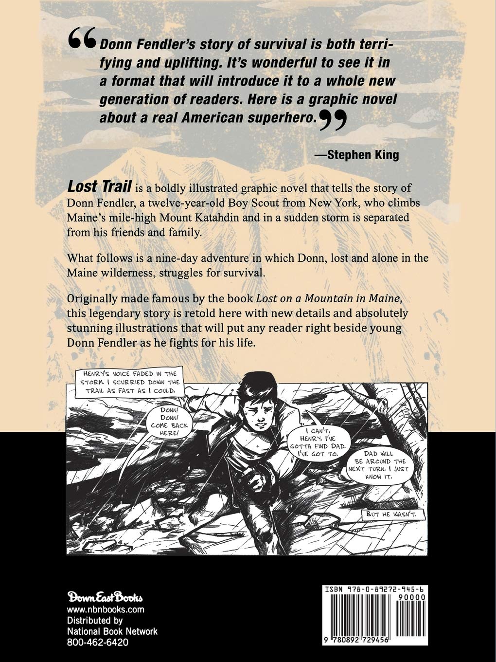 Back cover of Lost Trail graphic novel depicting Donn Fendler’s survival story in the Maine wilderness.
