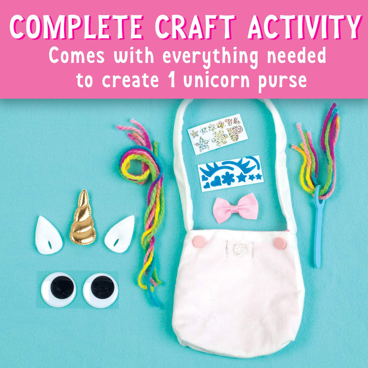 Unicorn Purse Kit with no-sew bag, golden horn, rainbow yarn, bow, wiggly eyes, and fabric stickers for kids.