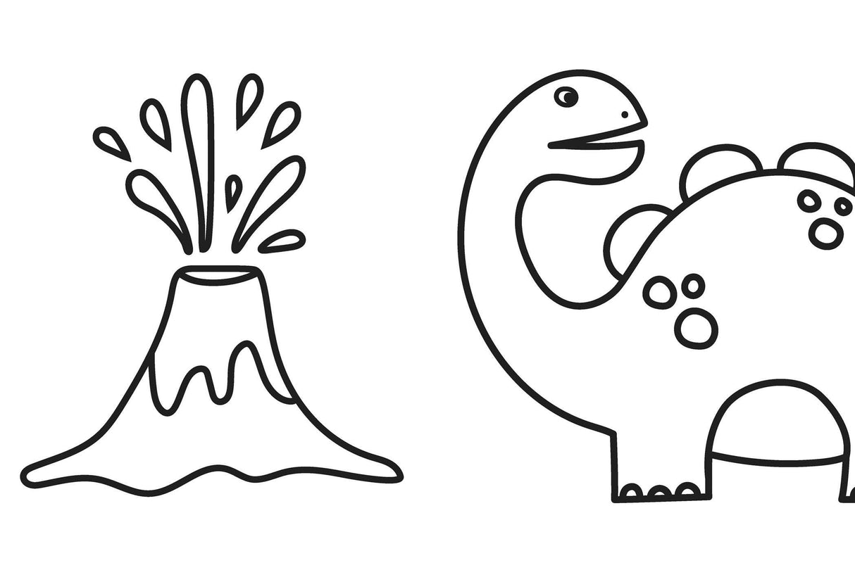 Big Book of Dinosaurs Coloring Book page with a smiling dinosaur and an erupting volcano outlined for coloring fun.