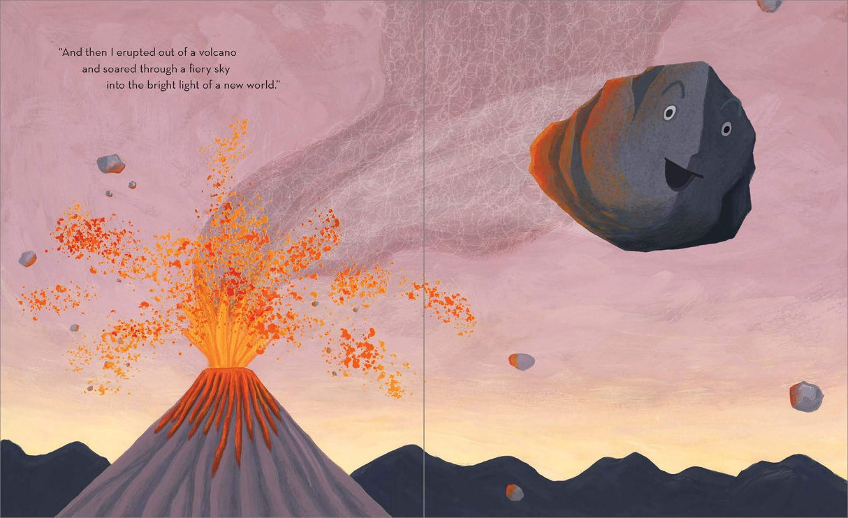 Illustration from Old Rock is Not Boring showing a smiling rock flying from an erupting volcano against a pink sky.