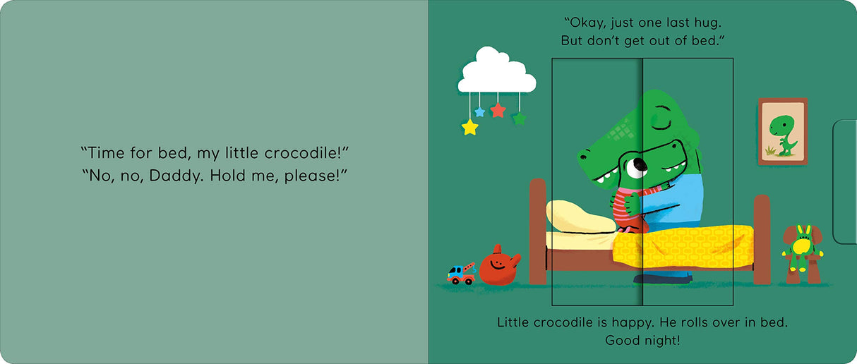 Time For Bed: Pull & Play shows a little crocodile hugged by daddy in bed with toys nearby in a cozy nighttime scene.