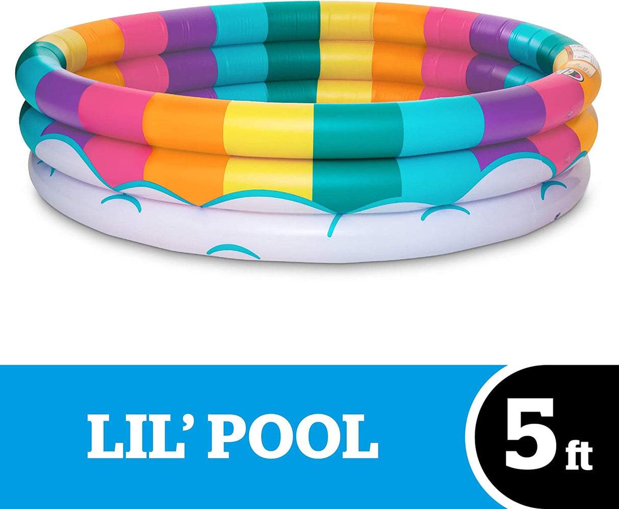 Pool | Rainbow colorful inflatable kiddie pool with wide base and rainbow stripes for kids ages 3 and up.