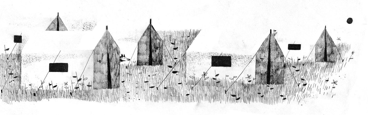 Black and white illustration of tents and flags in a field from the book Pax by Sara Pennypacker.