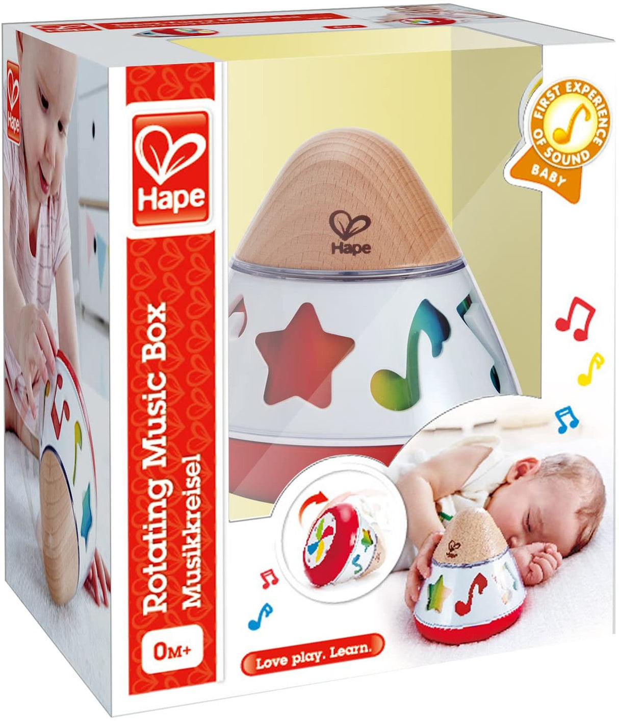 Rotating Music Box made of sustainable wood with colorful musical symbols, perfect for newborns and early music exploration.