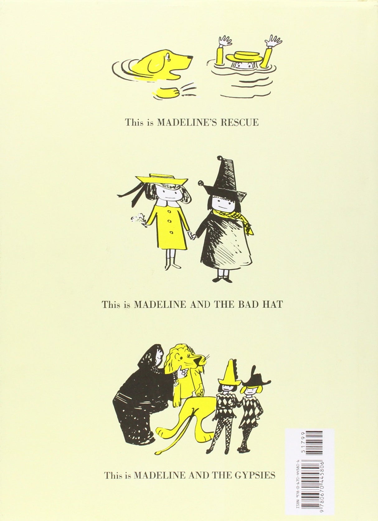 Back cover illustrations from the Madeline book showing rescue, bad hat, and gypsies scenes in a friendly style.