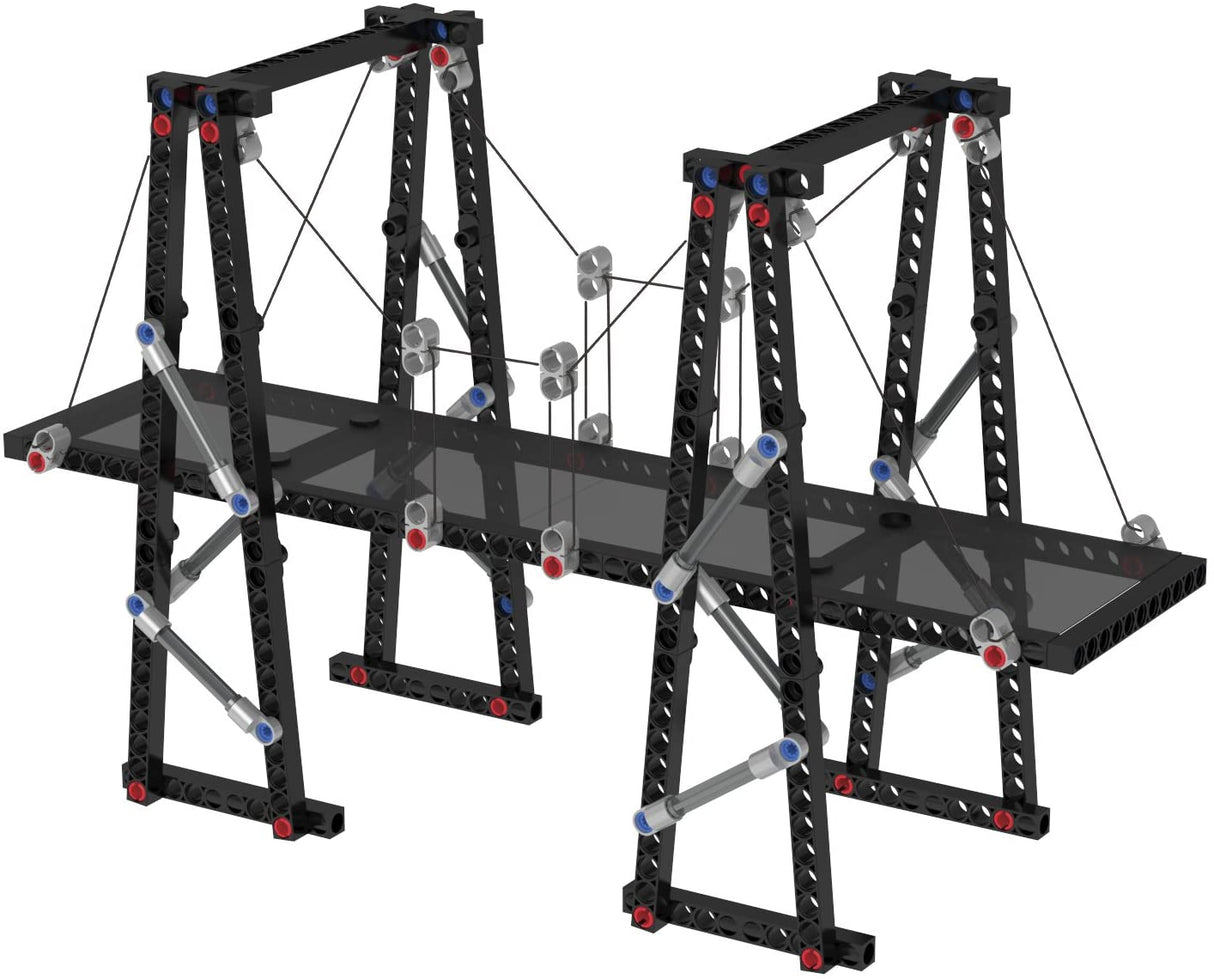 Structural Engineering kit model of a black truss bridge demonstrating structural elements and forces in engineering experiments.