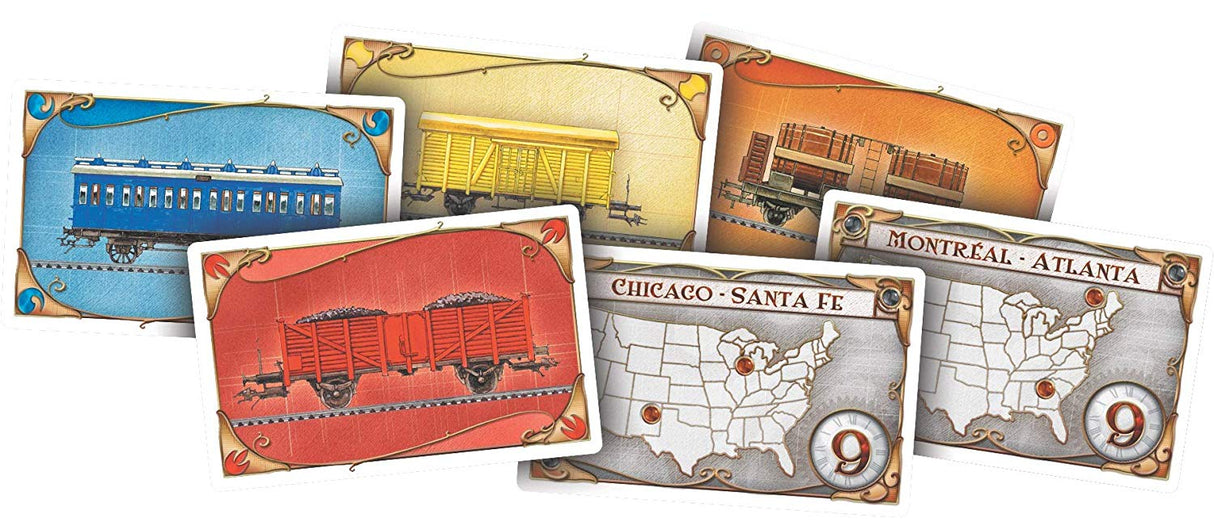 Ticket to Ride game cards showing trains and North American route maps for the cross-country train adventure board game.