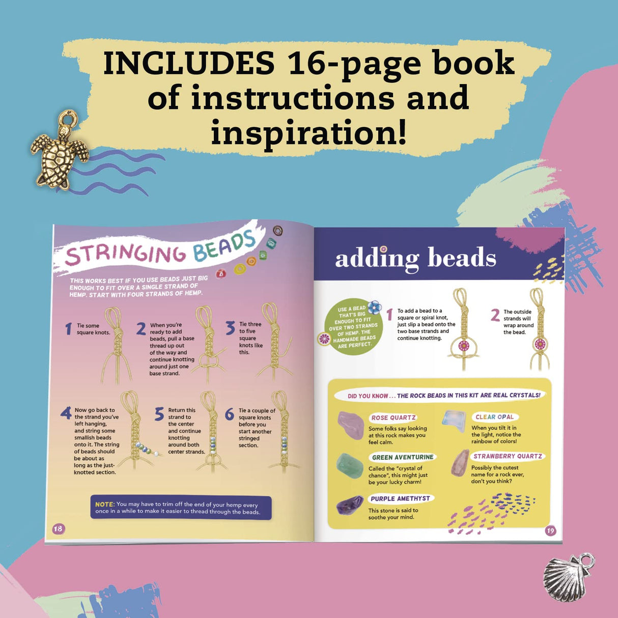 Friendship Wish Bracelets with 16-page guide showing how to string beads and add crystal charms for custom designs.